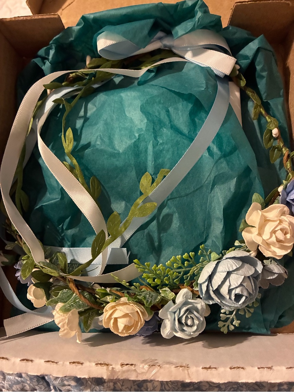 Floral Ribbon Crown Headband - Blue and Cream
